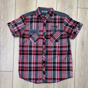 NWOT - RIVIT61 Red and Gray Casual Button Down Shirt with Plaid Design